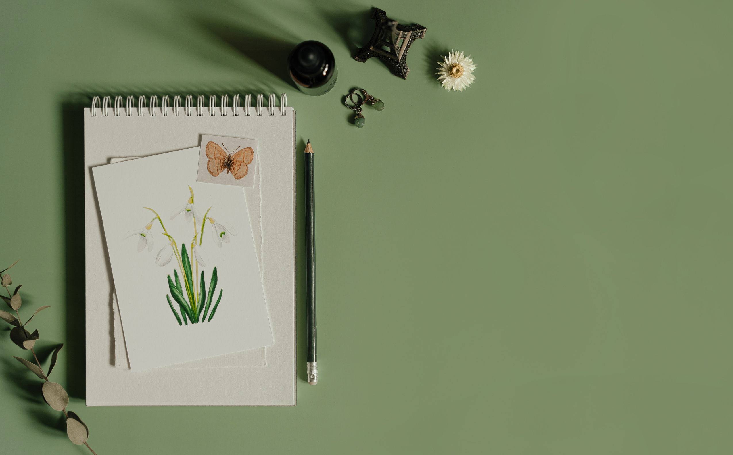 Vintage botany flat lay with green aesthetic background and copy space